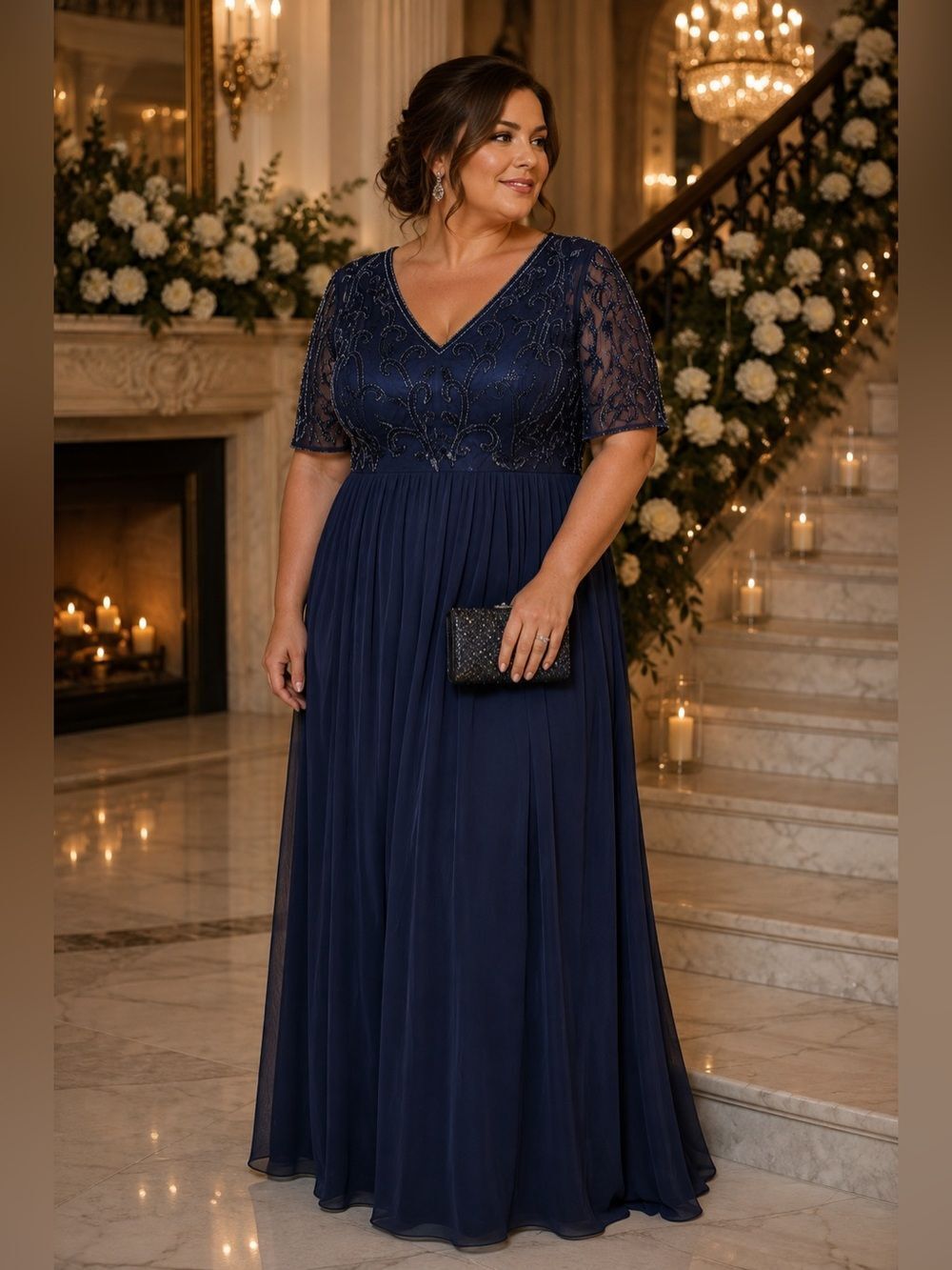 Papell Studio Navy Blue Beaded Mesh Formal Gown Dress Plus Size 16